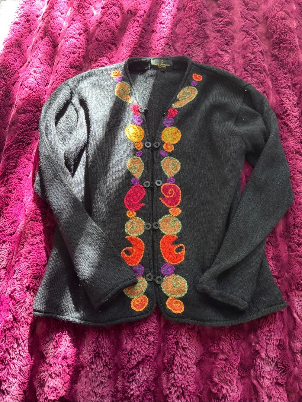 Leo Peressi Black alpaca Women's Embroidered Cardigan Sweater Colorful Swirl